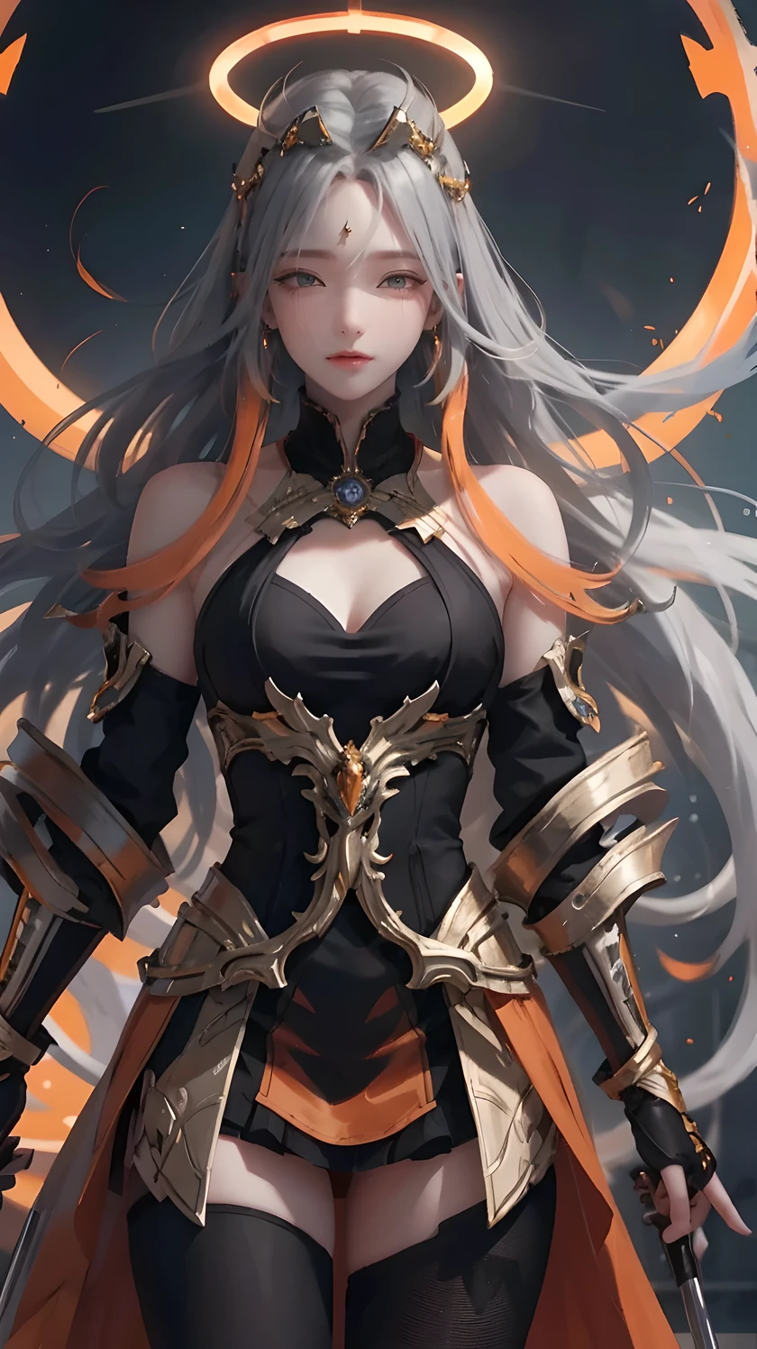 (masterpiece), best quality, Super detailed, illustration, Warm lighting, Vibrant colors, 1 Girl, Solitary, Very long hair, Gray hair, Orange Hair, Orange undercoat, Red Eyes, Colored undercoat, Two-tone hair, Ahog, Absurdly long hair, orange Colored undercoat, Colorful hair, Halo, , , Tights, Flowing hair, Wind, Close one eye, staff, skirt, armor, hat, floating,, ,  