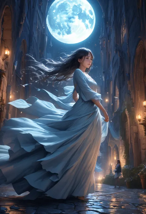 (Full moon night、A black-haired girl walks in the castle courtyard), (highest quality, 4K, High resolution, masterpiece:1.2), Very detailed, (Realistic, photoRealistic:1.37), High resolution, (crimson, blue) Color Palette, (soft, kind) Lighting, (oil, drea...