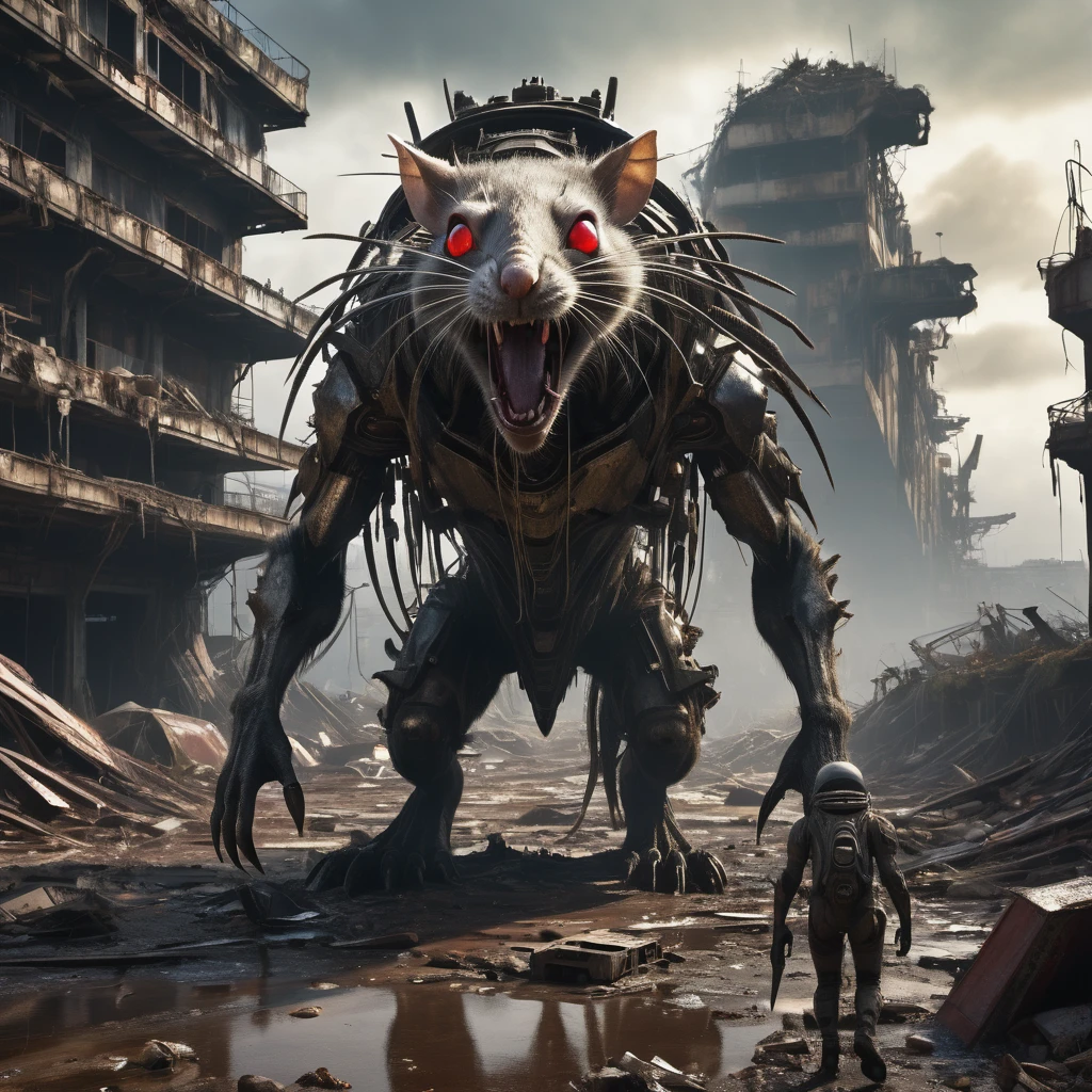 (best quality,4k,8k,highres,masterpiece:1.2),ultra-detailed,(realistic,photorealistic,photo-realistic:1.37),a group of small rat-like humanoids dressed in scavenged piecemeal outfits,scavenging crashed space ships,apocalyptic wasteland,desolate terrain,dusty atmosphere,dilapidated structures,ruined city,overgrown vegetation,crumbling architecture,abandoned vehicles,rusted metal debris,weathered spacecraft,piles of scrap metal,tech salvage,alien technology,surreal landscapes,desperate survival,post-apocalyptic society,multiple humanoid figures,scurrying movements,sharp claws,dark fur,red glowing eyes,intense focus,determined expressions,intense sunlight,strong shadows,harsh lighting,ominous sky,dystopian atmosphere,dreary color palette,desaturated tones,subtle hints of color,ruins of civilization,industrial decay,aftermath of disaster