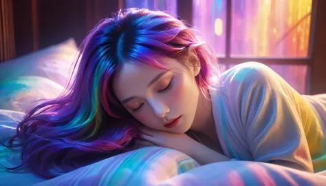 {{masterpiece}}, best quality, Extremely detailed CG unified 8k wallpaper, Movie Lighting,, A woman lies on a bed，Blankets and pillows nearby,Sleep with eyes closed，Big window behind， A quiet night. , multi color hair, (Colorful:1.5), (Colorful hair:1.5),