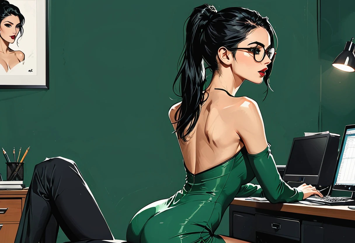 portrait of a girl from the back with ((round glasses)) in a classic dark green suit sits in a chair in a dark green office background, (open mouth),
girl, back view, Young adult, European, Ectomorph elongated body, slim body, skinny, perfect white skin, Profile Angle, Long slim neck, Long Diamond type Face, bare broad shoulders, Sagittal Plane Curves, blades shoulders, spinal line, long slim thin arms, long fingers on the hand, well trained back, Square Jawline, Hawk long Nose, Heart Shaped nude Lips, Angular Narrow Cheekbone, Hollow Cheek, Upturned Eye type, (dark green eye), Long Sleek Straight Ponytail Slicked back black Hair, Attached Pointed ear, shoulder blades, narrow hips, fitness round ass, toned round butt, long slim fitness legs, back dimples,  