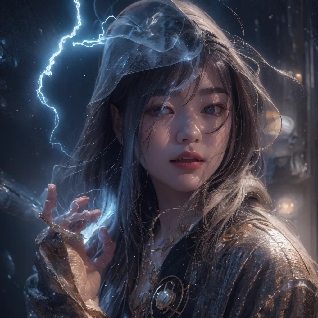 Asian fairy wearing silk hooded and glowing gloves，Lateral face，A collarless coat，Lightning hands，sunglasses，Cyberpunk smoke，（（（Boxing gloves））），（（（Side view））（Ultra-detailded）（illustration）（Detailed lighting）（（Telephoto Tilt-Shift））（nmasterpiece）（sunny day background）（Ultra-detailded）（photorealestic），（Detailed light），（（an extremely delicate and beautiful one），（（faerie）），（（lightning in hand）），Lightning surrounds the fairy，（（lightning chain）），Suspended crystals，There is lightning inside the crystal，