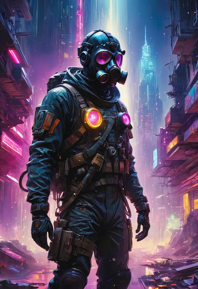 Araaf man wearing a gas mask walks through the destroyed city，Skyline of a dense and sprawling city in the grunge world, cyberpunk, night, Neon, spotlight, hologram,smokes, magenta, Teal and Neon,  luminescent, Ethereal Light,Starry Sky, bustling, Space Color, Vibrant colors, Watercolor style, Hyper-realistic lighting, Futuristic pattern, Bright colors, Detailed digital art world, Color Splash John Berkey Style Page, (masterpiece:1.2), best quality, (Ultra Detailed, The most detailed:1.2), High resolution textures, 