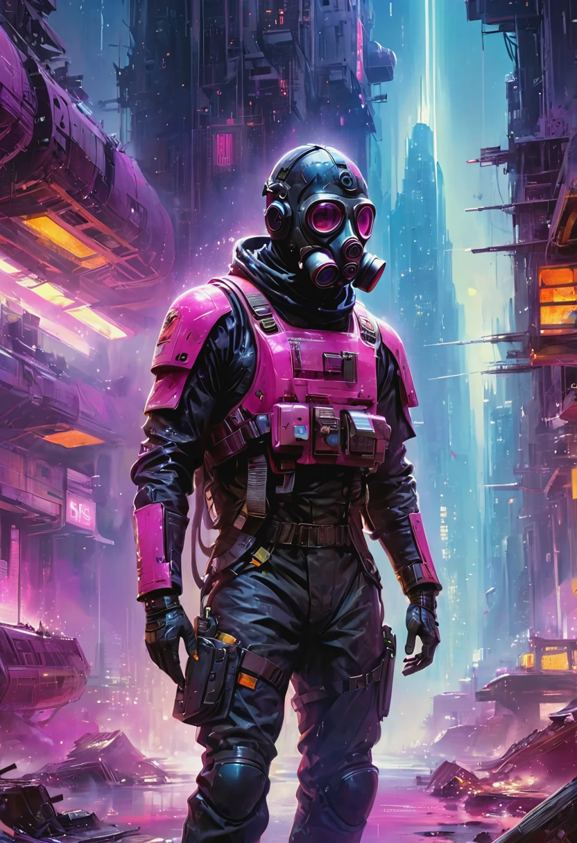 Araaf man wearing a gas mask walks through the destroyed city，Skyline of a dense and sprawling city in the grunge world, cyberpunk, night, Neon, spotlight, hologram,smokes, magenta, Teal and Neon,  luminescent, Ethereal Light,Starry Sky, bustling, Space Color, Vibrant colors, Watercolor style, Hyper-realistic lighting, Futuristic pattern, Bright colors, Detailed digital art world, Color Splash John Berkey Style Page, (masterpiece:1.2), best quality, (Ultra Detailed, The most detailed:1.2), High resolution textures, 