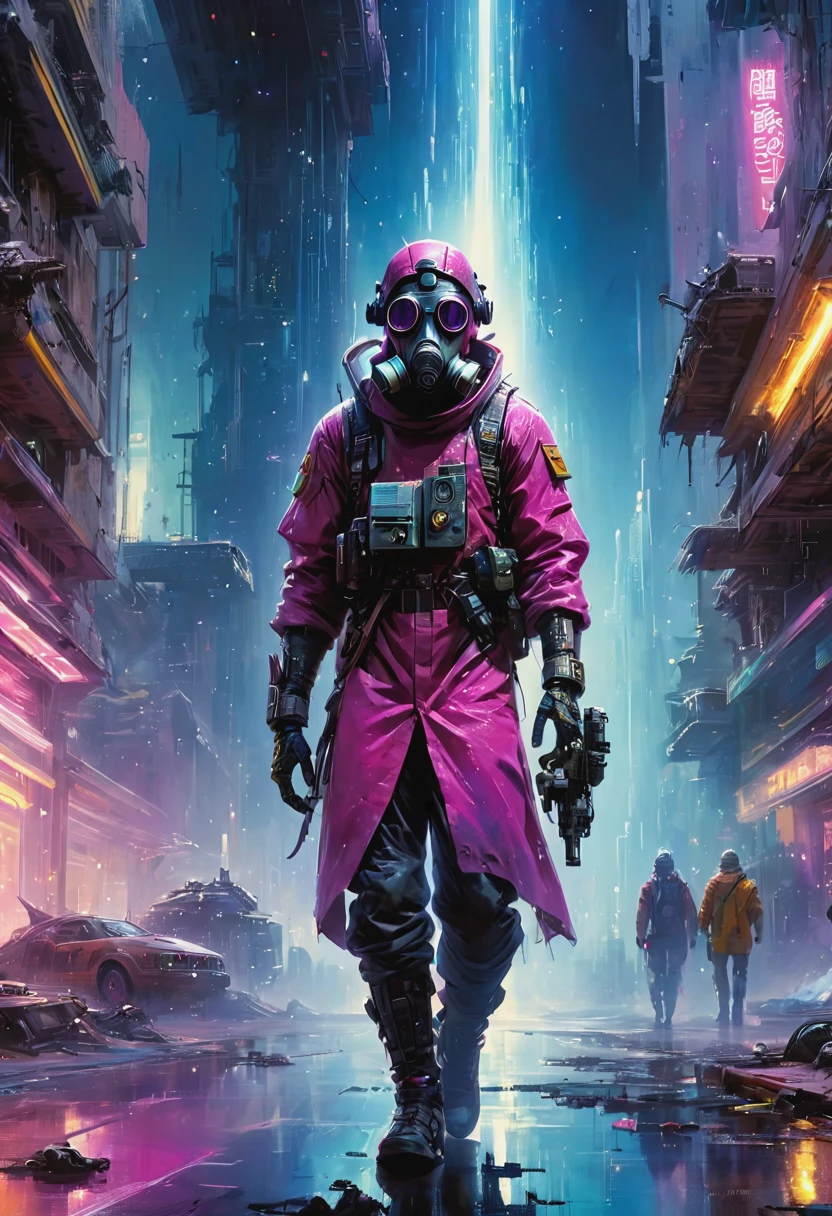 Araaf man wearing a gas mask walks through the destroyed city，Skyline of a dense and sprawling city in the grunge world, cyberpunk, night, Neon, spotlight, hologram,smokes, magenta, Teal and Neon,  luminescent, Ethereal Light,Starry Sky, bustling, Space Color, Vibrant colors, Watercolor style, Hyper-realistic lighting, Futuristic pattern, Bright colors, Detailed digital art world, Color Splash John Berkey Style Page, (masterpiece:1.2), best quality, (Ultra Detailed, The most detailed:1.2), High resolution textures, 