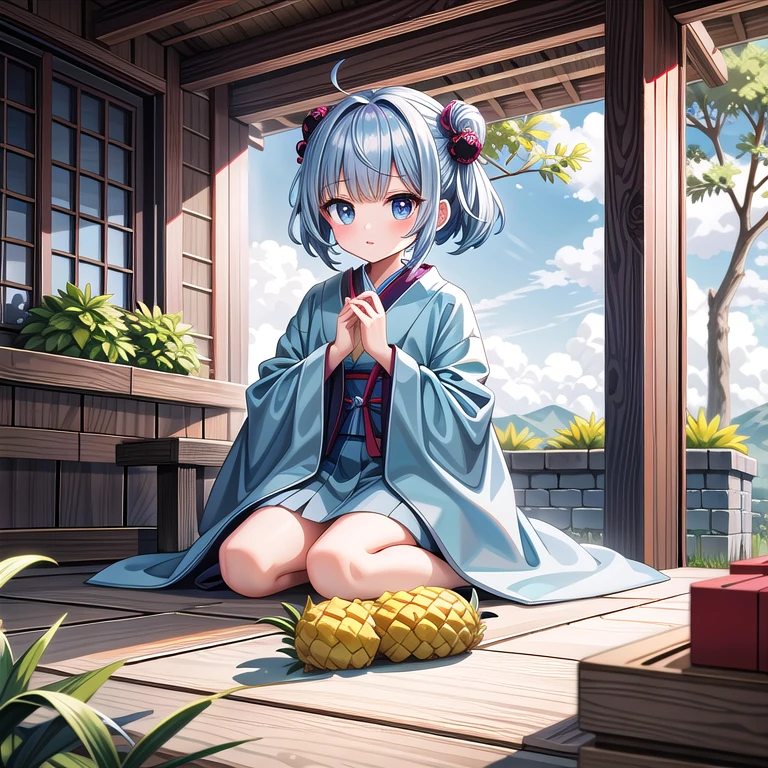 ((Little, pineapple,short,,cute, Nendoroid, 1 girl,masterpiece, Almond-shaped eyes, shiny white-blue hair, short chignon hair)),highest quality, Delicate fingers, Curly Hair, Warm clothes, Beautiful Skin, Red cheeks, intense light and shadow,  whole body ,city,Warm clothing,kimono,kimonoカーディガン,garden,flower,pineapple world,Hidden ruins of an ancient temple ,countryside ,grazing wild animals,sit