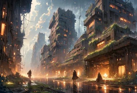 戴着Gas Mask的白袍男子穿过被毁坏的城市，Heavy rain(illumination,The City of Doom,abandoned,dystopia,Futurism,Dark atmosphere,Overgrown vegetatio...