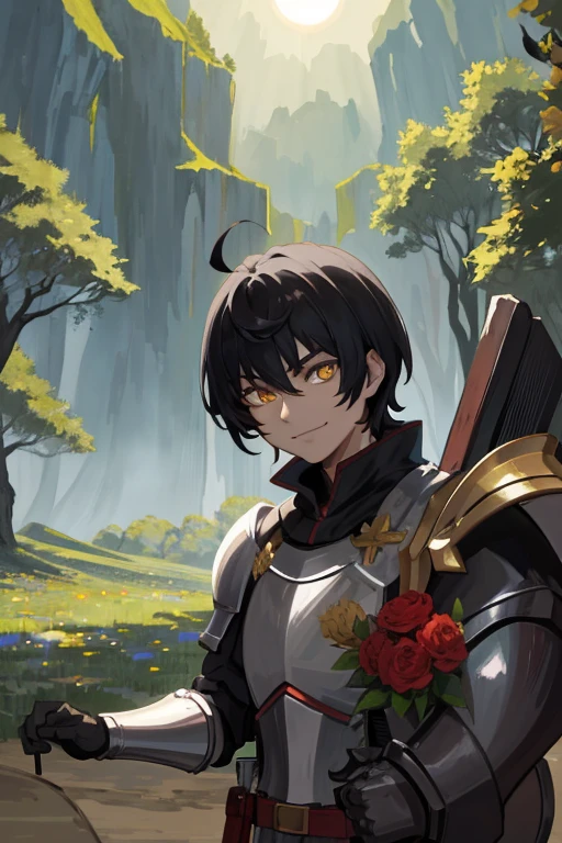 ((Masterpiece: 1.2, Best quality)),(A tough knight, Short black hair, Golden eyes, Scar across right eye, Black Armor), imaginary, forest, Blooming flowers, Sun light, Great light and shadow, The scenery is beautiful, Highly detailed face, painting, He smiles