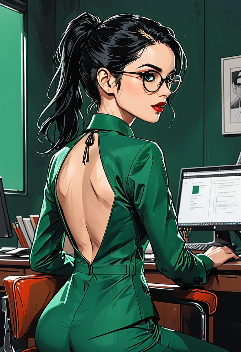 portrait of a girl from the back with ((round glasses)) in a ((classic dark green suit)) sits in a chair in a dark green office background, (open mouth),
girl, back view, Young adult, European, Ectomorph elongated body, slim body, skinny, perfect white skin, Profile Angle, Long slim neck, Long Diamond type Face, bare broad shoulders, Sagittal Plane Curves, blades shoulders, spinal line, long slim thin arms, long fingers on the hand, Square Jawline, Hawk long Nose, Heart Shaped Lips, Angular Narrow Cheekbone, Hollow Cheek, Upturned Eye type, (dark green eye), Long Sleek Straight Ponytail Slicked back black Hair, Attached Pointed ear, shoulder blades, narrow hips, back dimples,  graphic style of novel comics, perfect hands, 2d,
8k, hyperrealism, masterpiece, high resolution, best quality, ultra-detailed, super realistic, Hyperrealistic art, high-quality, ultra high res, highest detailed, lot of details, Extremely high-resolution details, incredibly lifelike, colourful, soft cinematic light,