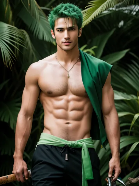 Ultra Realistic, 8K, High Definition, A handsome Brazilian male supermodel with amazing detail and ultra-realistic, spiky green ...