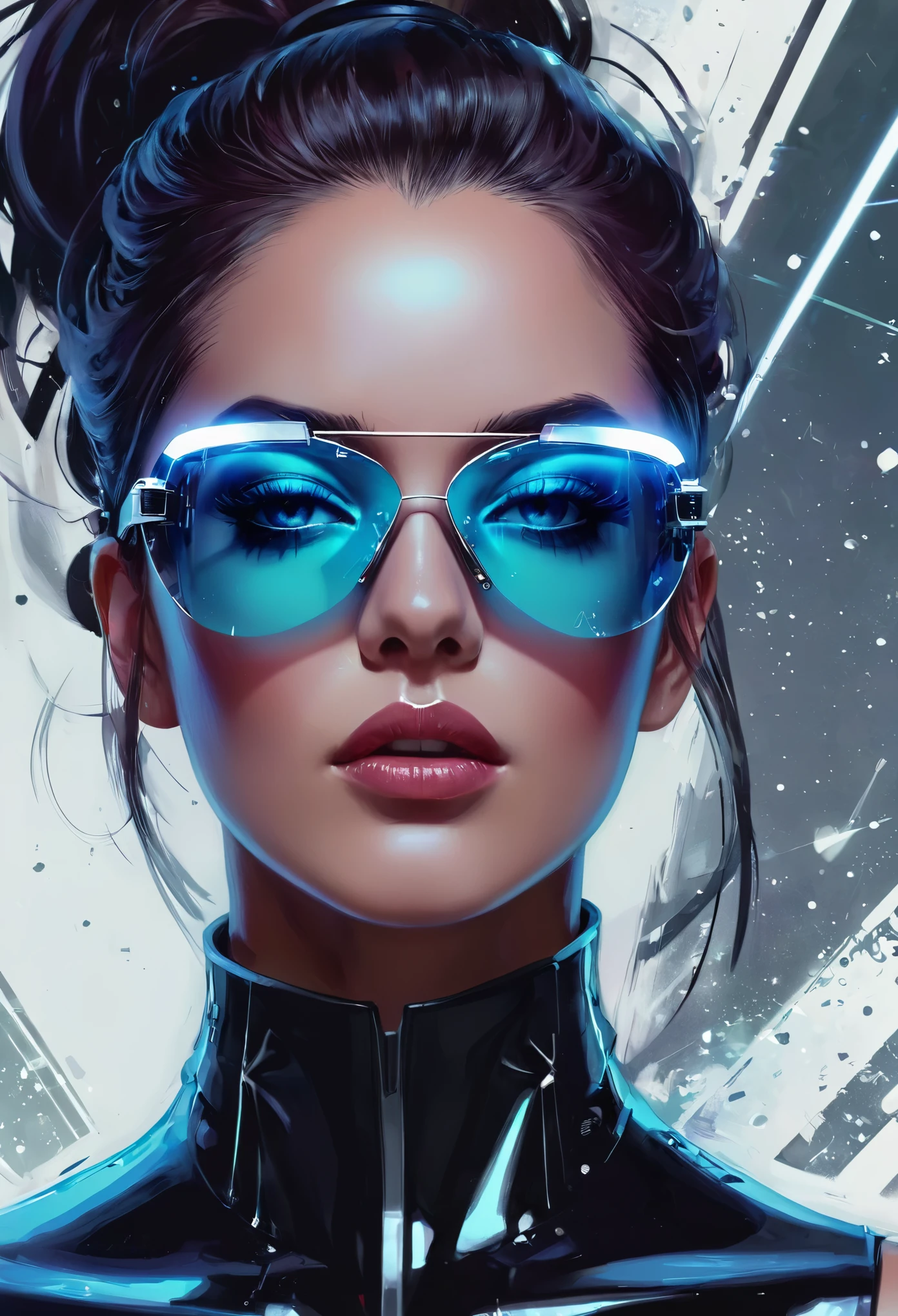 Entwerfe ein digitales Kunstwerk mit einer futuristischen Femme Fatale mit schlanken, reflective glass glasses and a glatt, Hightech-Textur, zentriert, der Perfektion nahe, Dynamisch, sehr detailliert, artstation, Konzeptkunst, glatt, scharfer Fokus, Illustration, Kunst von Carne Griffiths und Wadim Kashin,