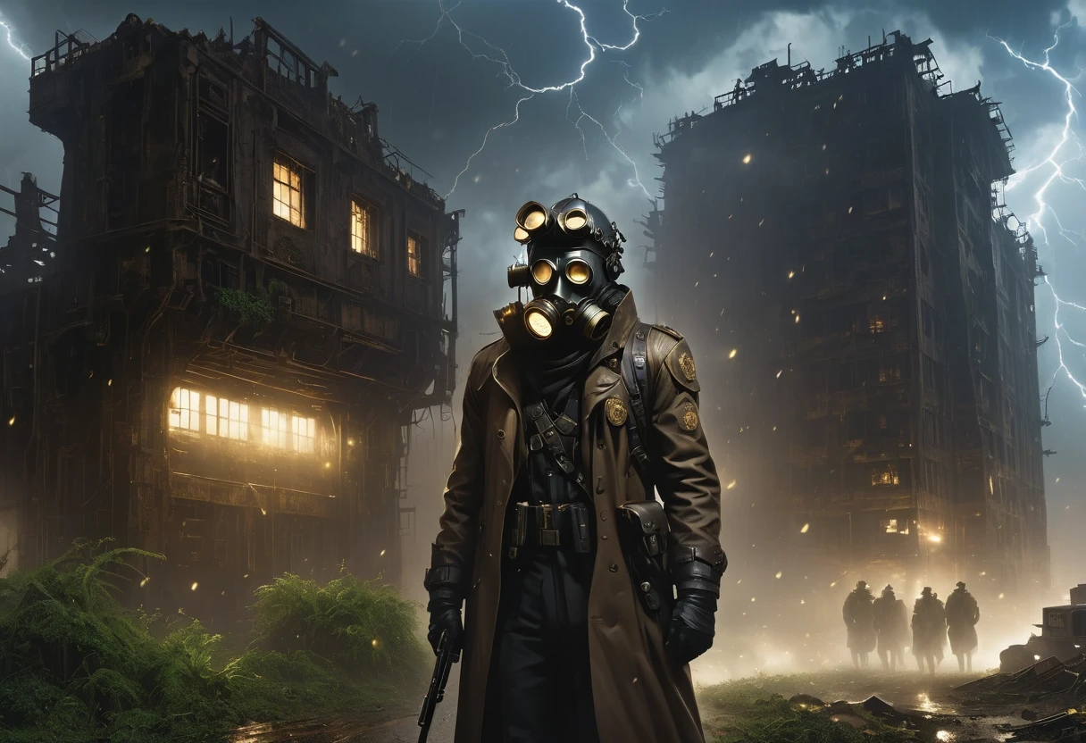 A man in a white robe wearing a gas mask walks through a destroyed city，Heavy rain(illumination,The City of Doom,abandoned,dystopia,futurism,dark atmosphere,Overgrown vegetation,deserted street,Crumbling building,black wall,broken windows,There are pieces everywhere,create desolation、chaotic atmosphere. ),[Steampunk survivor,Gas Mask,Trench coat,Brass decoration,cogs and gears,]，The sky is dark,heavily clouded,Dazzling lightning,despair,Unforgettable Silence,lost hope,Epidemic of disease.Sepia color palette,Strong contrast,Mood lighting.(best quality,high resolution,masterpiece:1.2)，background fog， high resolution， detail， RAW photos， Sharp Reinsurance， Nikon D850 Film Photo by Jefferies Lee 4 Kodak Portra 400 Camera F1.6 guns, Rich colors, Ultra-realistic and vivid textures, Dramatic Lighting, Unreal Engine Art Station Trends, Sinester 800，