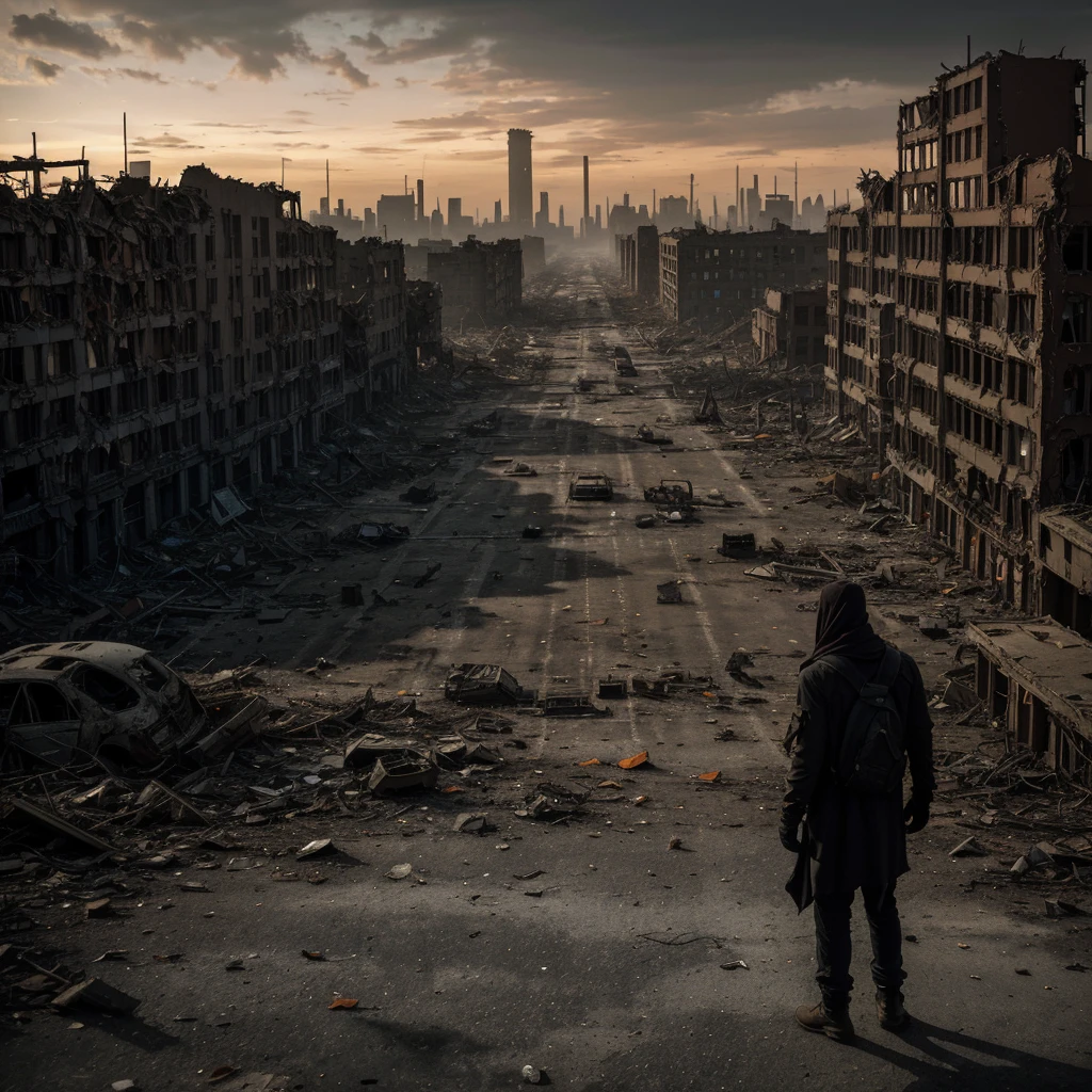 (best quality,4k,8k,highres,masterpiece:1.2),ultra-detailed,(realistic,photorealistic,photo-realistic:1.37),desolate,broken buildings,crumbling cityscape,abandoned vehicles,withered trees,dusty atmosphere,scorched ground,mysterious haze,dilapidated structures,dusty roads,overgrown vines,unforgiving barren landscape,darkened sky with hints of orange and purple,remnants of civilization,ominous silence,apocalyptic ruins, figures wandering,dystopian future,bleak horizon,ruined infrastructure,faded billboard signs,echoes of the past,collapsed bridges,harsh winds sweeping through,the remains of a destroyed society,shattered glass,dramatic lighting,scattered debris,sole survivor searching for hope in a desolate world,decayed metal,destruction everywhere,survival against all odds,metropolis turned into ghost town,lost memories,industrial ruins,haunting atmosphere,infinite solitude,jagged edges and sharp angles,abandoned factories,post-apocalyptic aftermath,forlorn landscapes.