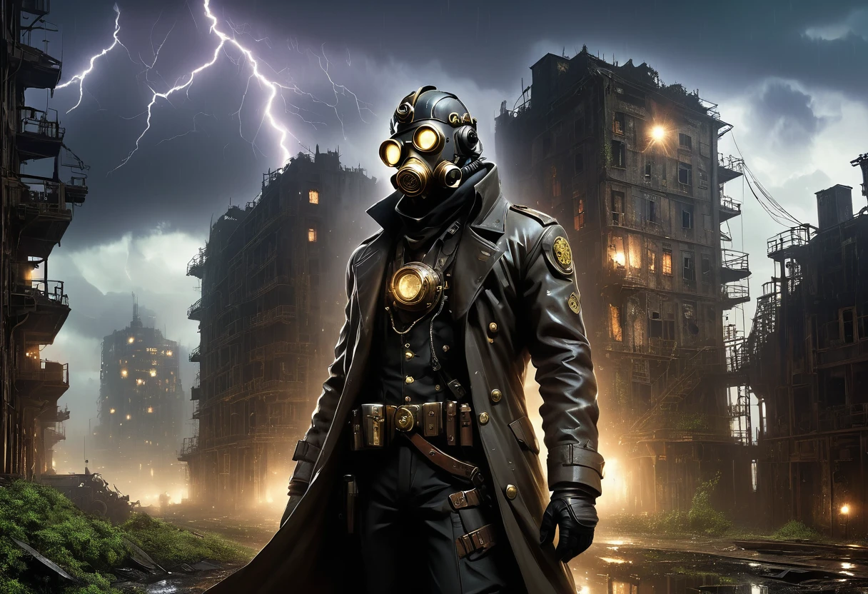 A man in a white robe wearing a gas mask walks through a destroyed future city，Heavy rain(illumination,The City of Doom,abandoned,dystopia,futurism,dark atmosphere,Overgrown vegetation,deserted street,Crumbling building,black wall,broken windows,There are pieces everywhere,create desolation、chaotic atmosphere. ),[Steampunk survivor,Gas Mask,Trench coat,Brass decoration,cogs and gears,]，The sky is dark,heavily clouded,Dazzling lightning,despair,Unforgettable Silence,lost hope,Epidemic of disease.Sepia color palette,Strong contrast,Mood lighting.(best quality,high resolution,masterpiece:1.2)，background fog， high resolution， detail， RAW photos， Sharp Reinsurance， Nikon D850 Film Photo by Jefferies Lee 4 Kodak Portra 400 Camera F1.6 guns, Rich colors, Ultra-realistic and vivid textures, Dramatic Lighting, Unreal Engine Art Station Trends, Sinester 800，
