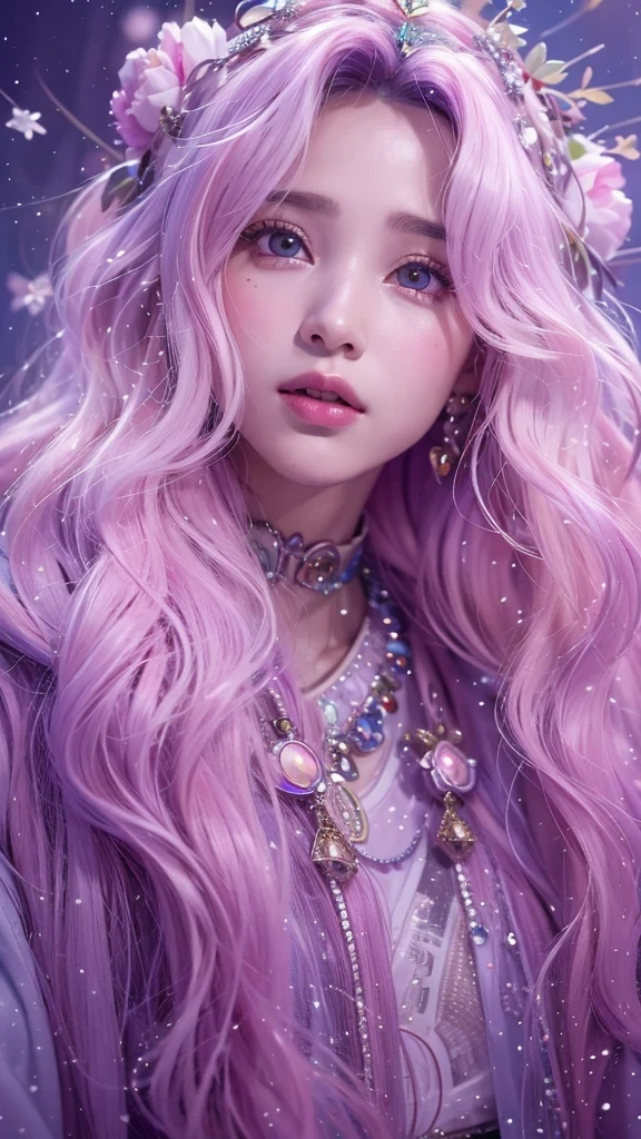 （（（Single eyelid）））Snow hoop exclusion area 32K（tmasterpiece，k hd，hyper HD，32K）Long flowing purple-pink hair，Autumn Pond，zydink， a color， Tongzhou people （Girl with glowing eyes）， （Thin silk scarf）， Side squat position， looking at the ground， long whitr hair， Floating hair， Python headdress， Chinese long-sleeved clothing， （abstract ink splash：1.2）， white backgrounid，Lotus protector（realisticlying：1.4），Purple-pink hair，Snowflakes fluttering，The background is pure， A high resolution， the detail， RAW photogr， Sharp Re， Nikon D850 Film Stock Photo by Jefferies Lee 4 Kodak Portra 400 Camera F1.6 shots, Rich colors, ultra-realistic vivid textures, Dramatic lighting, Unreal Engine Art Station Trend, cinestir 800，Long flowing purple-pink hair，((masterpiece)). This artwork is sweet, dreamy and ethereal, with soft pink watercolor hues and candy accents. Generate a delicate and demure fae exploring a (bubblegum world with a wide variety of pastel shades). Her sweet face is extremely detailed and realistic with elegant features and a fierce expression, and looks like ((((naomi scott)))). Include mature features and stunning, highly realistic eyes. Her eyes are important and should be realistic, highly detailed, and beautiful. In high definition and detail, include lots of details like stars, galaxies, colorful bubbles, colorful petals, and lots of energy and emotion! The stars and colorful bubblegum bubbles are important! Include fantasy details, enhanced details, iridescence, colorful glittering wind, and pollen. Pay special attention to her face and make sure it is beautifully and realistically detailed. The image should be dreamy and ethereal.8k, intricate, elegant, highly detailed, majestic, digital photography