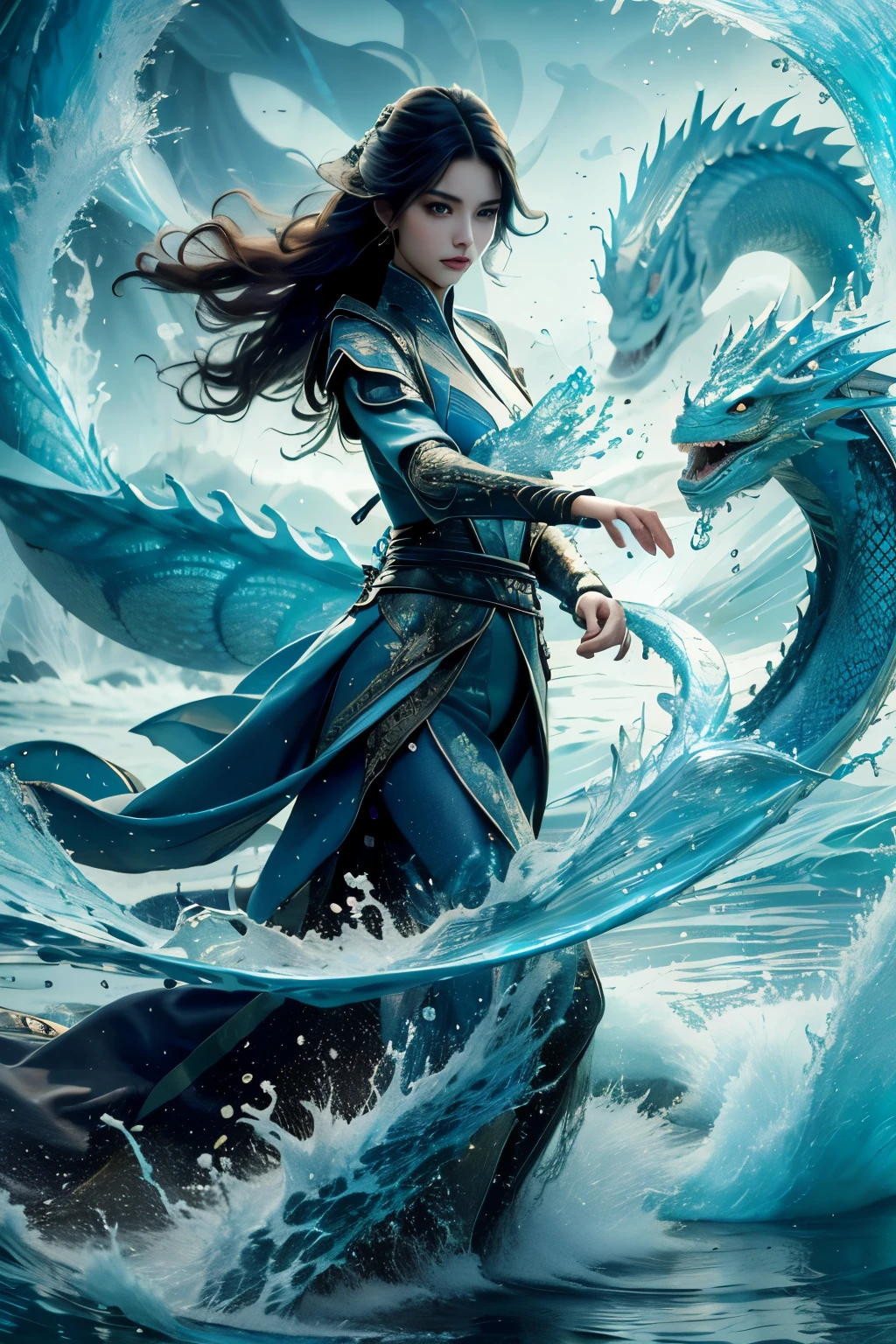 Best quality at best，tmasterpiece，Ultra-high resolution，Water Imperial Spell，1girll，solo，brunette color hair，Eau，wave，cparted lips，full bodyesbian，water dragon