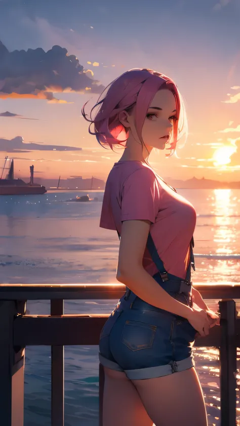 shorts and suspenders, a tight-fitting t-shirt, pink hair, a beautiful woman with eight heads, a bright sunset against the backg...