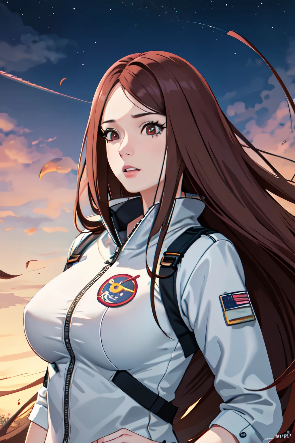 1 adult woman, 2, straight hair, brown hair, red eyes,Looking at the viewer, astronaut uniform, standing in the park, big breasts,half body photo