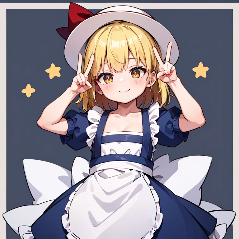 masterpiece, best quality, 1 girl, , , , white hat, red ribbon, middle blonde hair, golden eyes, short puffy sleeves, white clothes, white apron, red ribbon tie, blue skirt, blue ruffles, collarbone, gentle smile, Kana Anaberal, Poltergeist, pinafore, from behind, to lift up one’s skirt, cowboy shot, from front, standing , raise one leg, crossed arms, arms up behind, arms behind back, hand between legs, put hands hip, one hand on hip, forward hands, arms raised in the air, punch hands, peace_sign, waving, put up index finger, sit, lie down, closed eyes, lie face down, looking back, put one hand chest, leaning forward,cleavage,close up, horizontally outstretched arms, horizontally outstretched legs, front view, front face