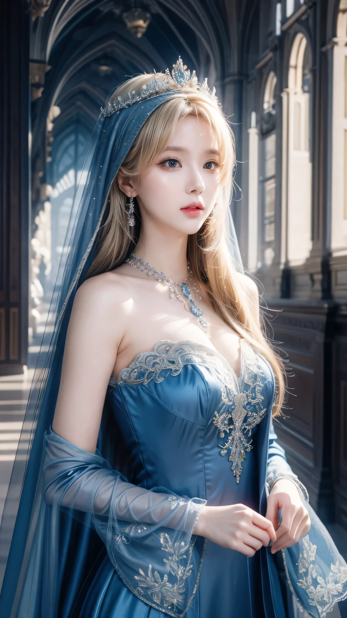 Wearing a blue dress、Blonde woman wearing veil and headscarf, Beautiful fantasy girl, Detailed fantasy art, Beautiful fantasy art, Blonde Princess, artgerm on artstation pixiv, Beautiful girl, ((beautiful fantasy queen)), 2. 5d cgi anime fantasy artwork, Fantasy art style, Detailed digital anime art, Fantasy style art