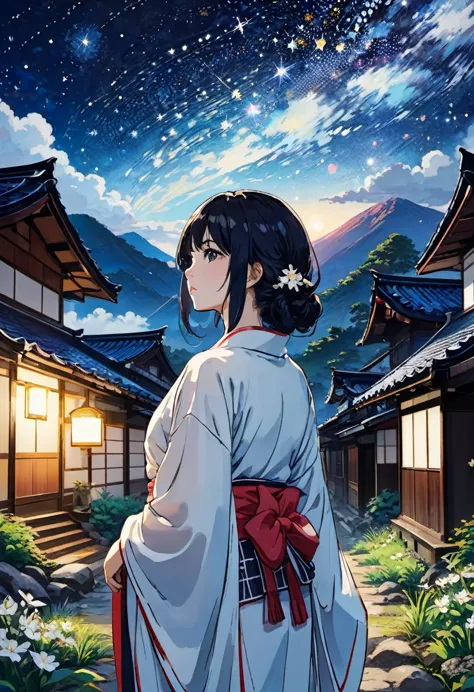 Secondary elements，woman，Long black side-swept hair、yukata、きれいなwomanは銀山温泉に立っていました，sunny day，starry skies、I turned my back and lo...