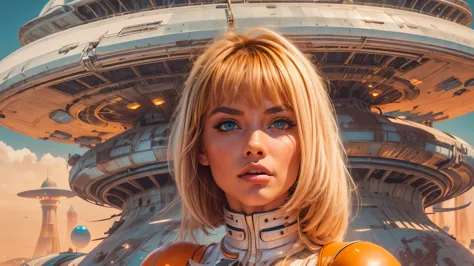 arafed image of a white woman in a futuristic suit with a spaceship in the background, movie art, in front of an orange backgrou...