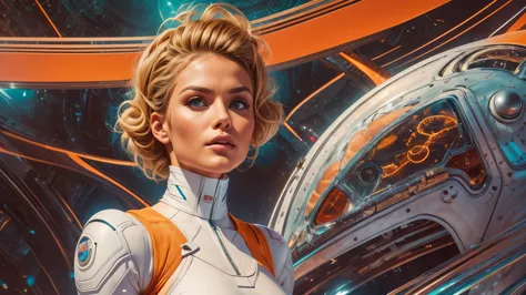 arafed image of a white woman in a futuristic suit with a spaceship in the background, movie art, in front of an orange backgrou...