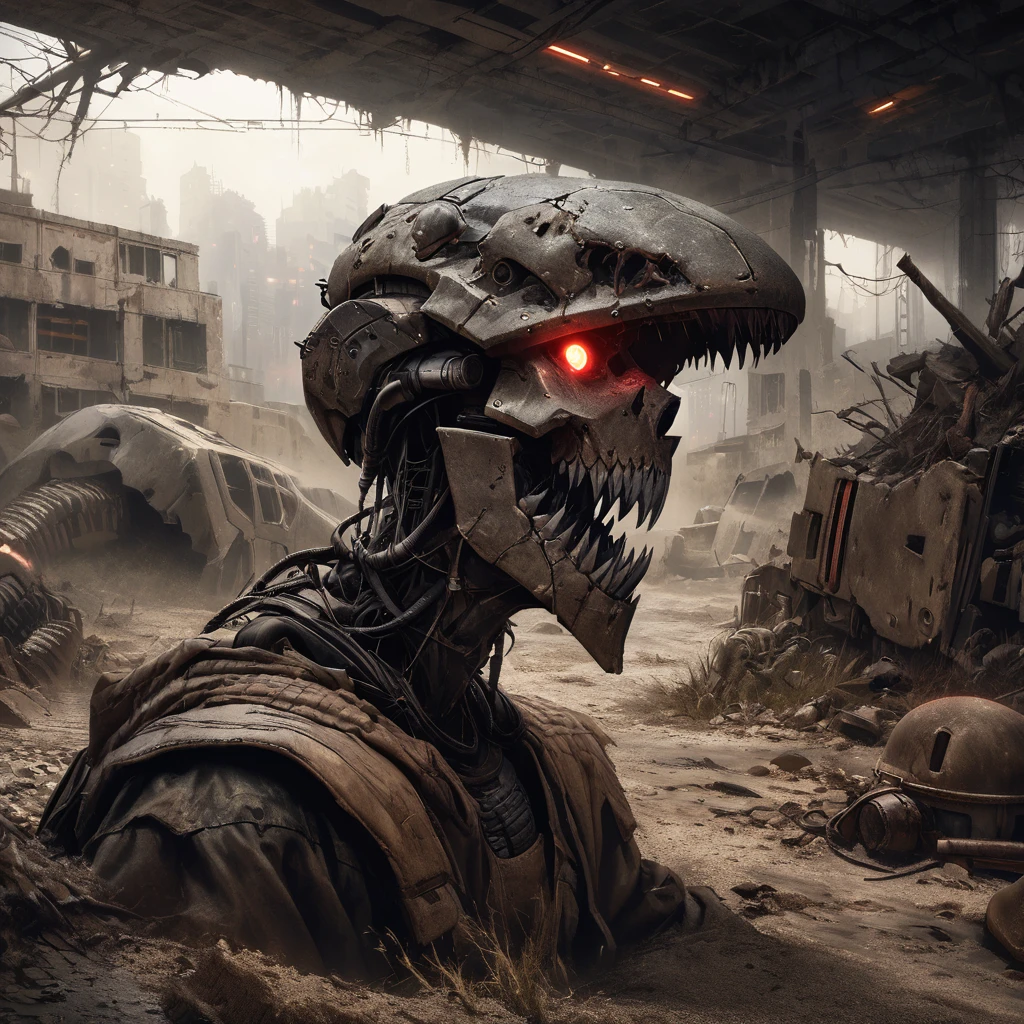 (best quality, highres, ultra-detailed:1.2),(extreme complexity)(multiple subjects) (realistic, photorealistic:1.37), (subject 1: a few humanoid mutants (inspired by random animals), wasteland piecemeal outfits, mutated features, sharp teeth, glowing eyes, various animal characteristics, tattered clothing, rusty metal,), scavenging from sci fi wreckage in wasteland surroundings, post-apocalyptic atmosphere, cracked bones, decaying machinery, abandoned buildings, dusty landscape, toxic air, eerie lighting, somber color palette, gritty texture