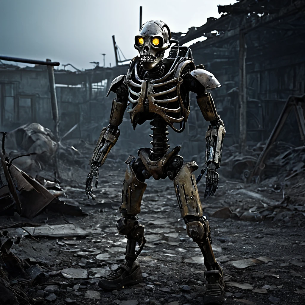 (best quality, highres, ultra-detailed:1.2),(extreme complexity)(multiple subjects) (realistic, photorealistic:1.37), (subject 1: a few humanoid mutants (inspired by random animals), wasteland piecemeal outfits, mutated features, sharp teeth, glowing eyes, various animal characteristics, tattered clothing, rusty metal,), scavenging from sci fi wreckage in wasteland surroundings, post-apocalyptic atmosphere, cracked bones, decaying machinery, abandoned buildings, dusty landscape, toxic air, eerie lighting, somber color palette, gritty texture