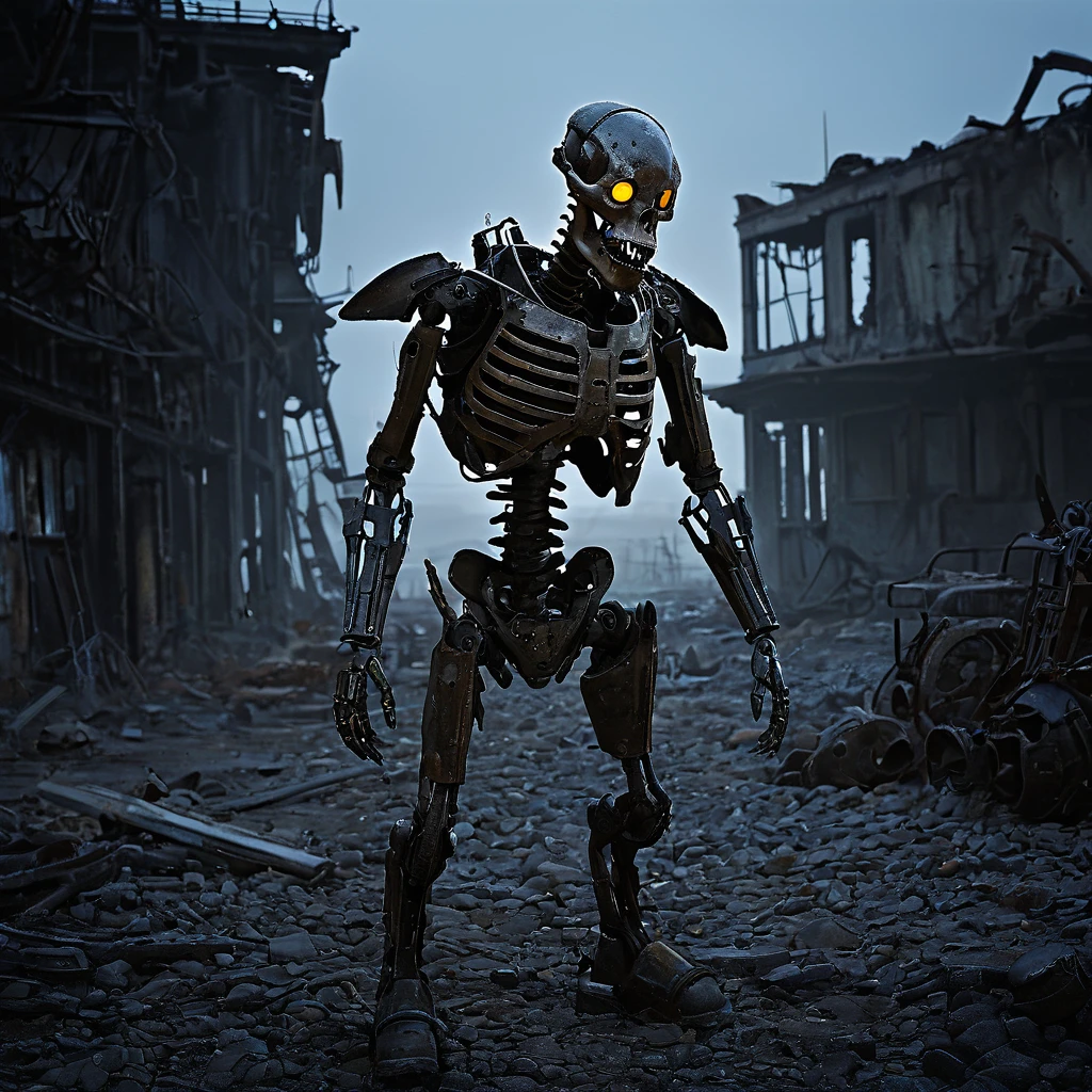 (best quality, highres, ultra-detailed:1.2),(extreme complexity)(multiple subjects) (realistic, photorealistic:1.37), (subject 1: a few humanoid mutants (inspired by random animals), wasteland piecemeal outfits, mutated features, sharp teeth, glowing eyes, various animal characteristics, tattered clothing, rusty metal,), scavenging from sci fi wreckage in wasteland surroundings, post-apocalyptic atmosphere, cracked bones, decaying machinery, abandoned buildings, dusty landscape, toxic air, eerie lighting, somber color palette, gritty texture