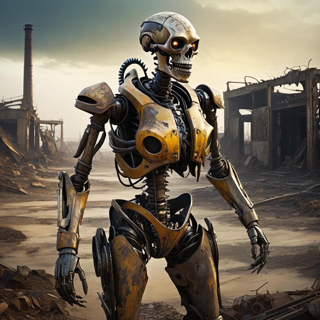 (best quality, highres, ultra-detailed:1.2),(extreme complexity)(multiple subjects) (realistic, photorealistic:1.37), (subject 1: a few humanoid mutants (inspired by random animals), wasteland piecemeal outfits, mutated features, sharp teeth, glowing eyes, various animal characteristics, tattered clothing, rusty metal,), scavenging from sci fi wreckage in wasteland surroundings, post-apocalyptic atmosphere, cracked bones, decaying machinery, abandoned buildings, dusty landscape, toxic air, eerie lighting, somber color palette, gritty texture