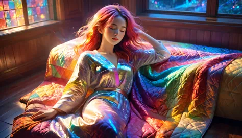 {{masterpiece}}, best quality, Extremely detailed CG unified 8k wallpaper, Movie Lighting,, A woman lying on the sofa，The body is covered with a quilt,Sleep with eyes closed，Big window behind， A quiet night. , multi color hair, (Colorful hair:1.5),