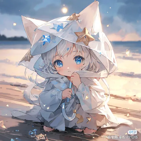 Anime girl sitting on beach in white hat and blue eyes, cute anime catgirl, Cute anime, Cute detailed digital art, very beautifu...