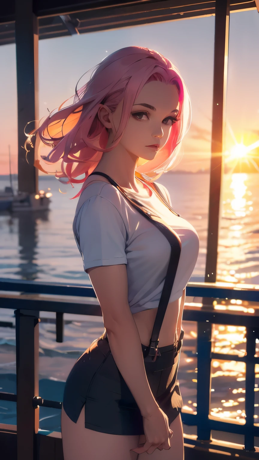 A miniskirt with suspenders, a tight-fitting T-shirt, pink hair, a beautiful woman with eight heads, a bright morning sun in the background of the sea seen from the port, high image quality, high definition, a masterpiece, artistic composition, gentle face.