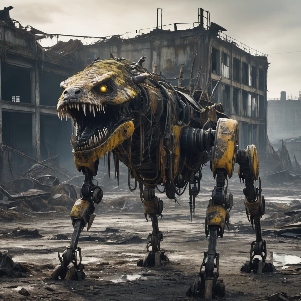 (best quality, highres, ultra-detailed:1.2),(extreme complexity)(multiple subjects) (realistic, photorealistic:1.37), (subject 1: a few humanoid mutants (inspired by random animals), wasteland piecemeal outfits, mutated features, sharp teeth, glowing eyes, various animal characteristics, tattered clothing, rusty metal,), scavenging from sci fi wreckage in wasteland surroundings, post-apocalyptic atmosphere, cracked bones, decaying machinery, abandoned buildings, dusty landscape, toxic air, eerie lighting, somber color palette, gritty texture