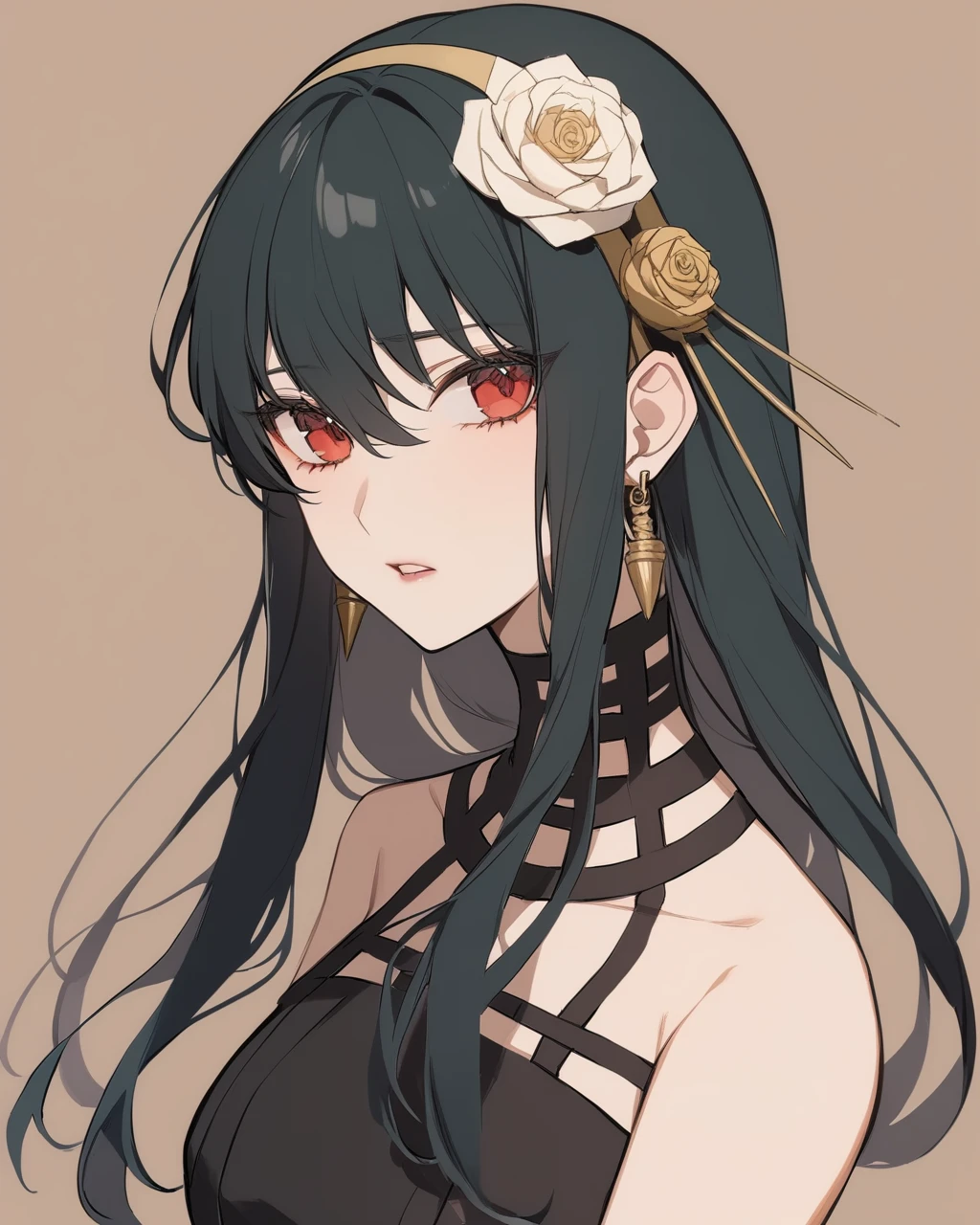 One girl, red_eye, Yoru_Briar, 一人w, hairband, black_hair, jewelry, Earrwgs, Side Lock, Portraiture, Lookwg_w_Audience, Broke up_lips, hair_ornament, flower, just_shoulder, hair_between_eye, hair_flower, Money_hairband, Simple_background, Front hair, Brown_background, black_dress, dress