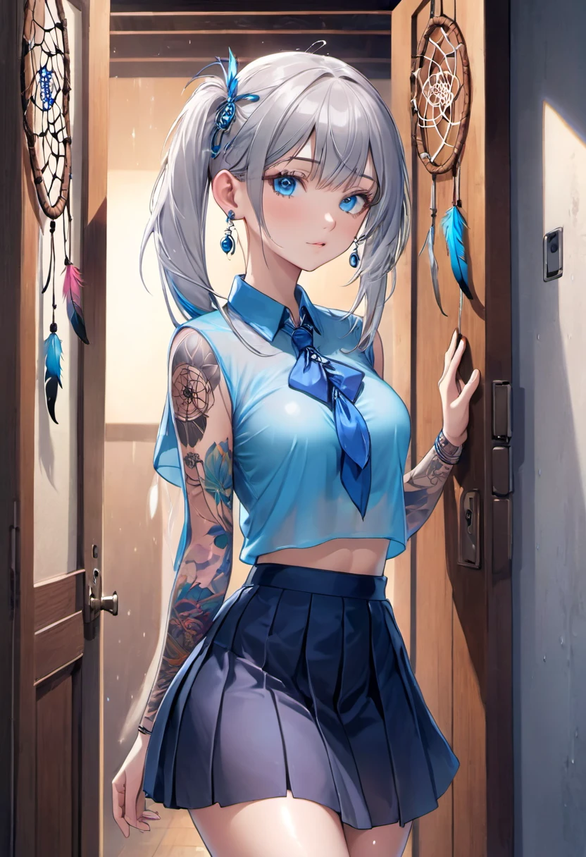 ((standing in the doorway)), ((one girl)),((21 years old)),((Japanese)), ((Blue eyes)),((silver hair high tail) , ((athletic build)), ((firm and toned breasts of medium size)),(( shaped ass)), ((Dream catcher tattoo on full arm)),((Stud earrings in the ears, blue translucent blouse)), ((skirt)),(()), ((White wet pantyhose))
