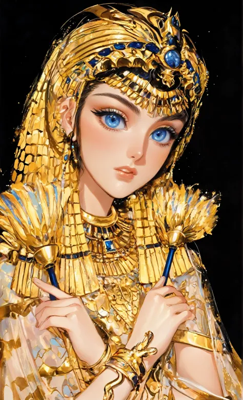 photos of the pharaoh queen，illustration with gold details in the style of james jean and hajime sorayama，（a beautiful young ame...