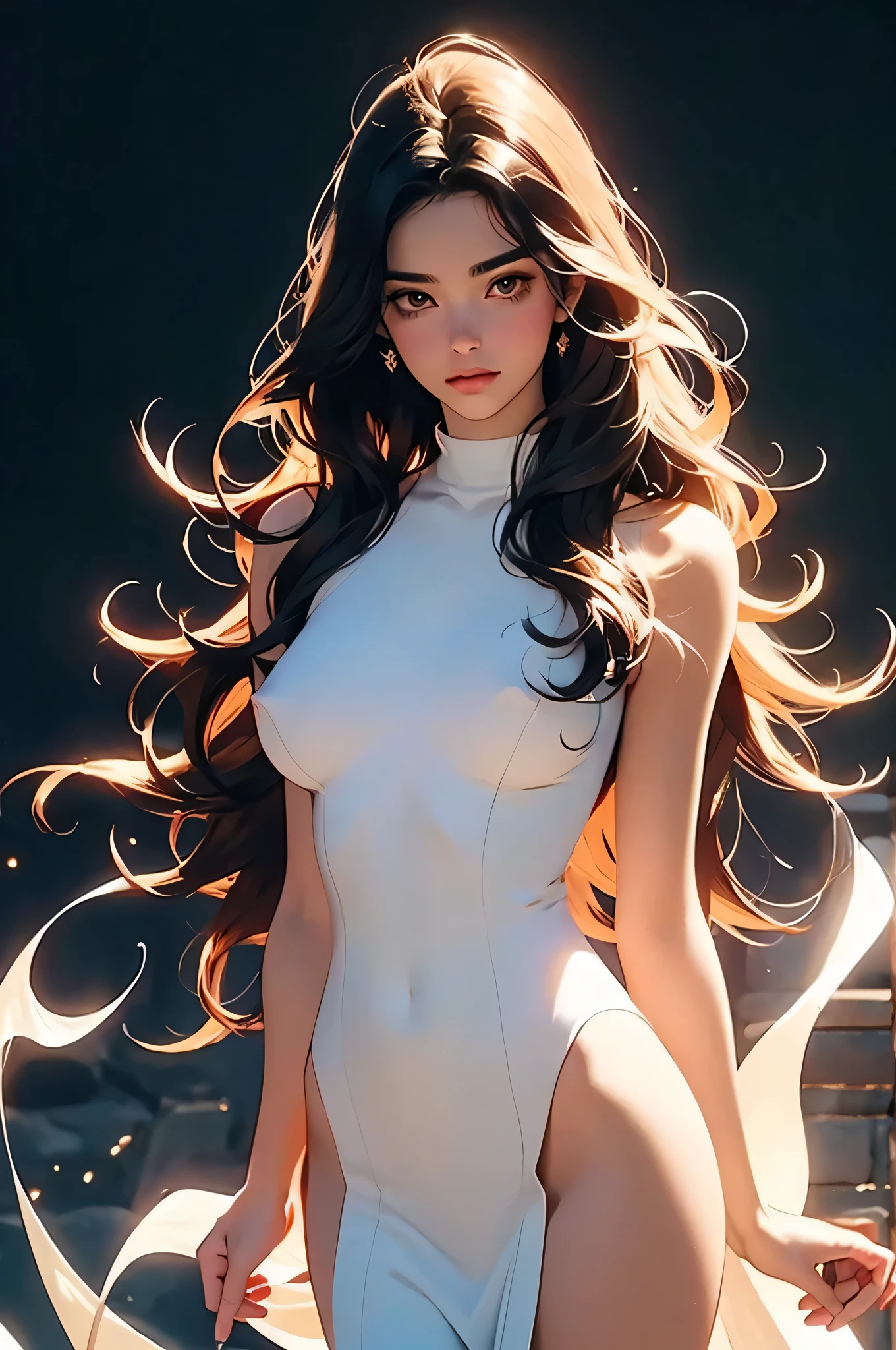 ((best quality)), ((masterpiece)), (detailed), pure white skin, perfect face, big bust, pink nipples, black dress, Golden Trinkets, upper body nude, naked breasts, Exposed breasts, Long black hair with thick waves, Milky Way Galaxy background, orgasm, superior, golden iris, brilliant golden halo, full body image, elegant, romanticism, The most beautiful form of chaos, dreamwave, cowboy shot, fluid dynamics, Black hair, Golden eyes, Magical, Galaxy, Sex