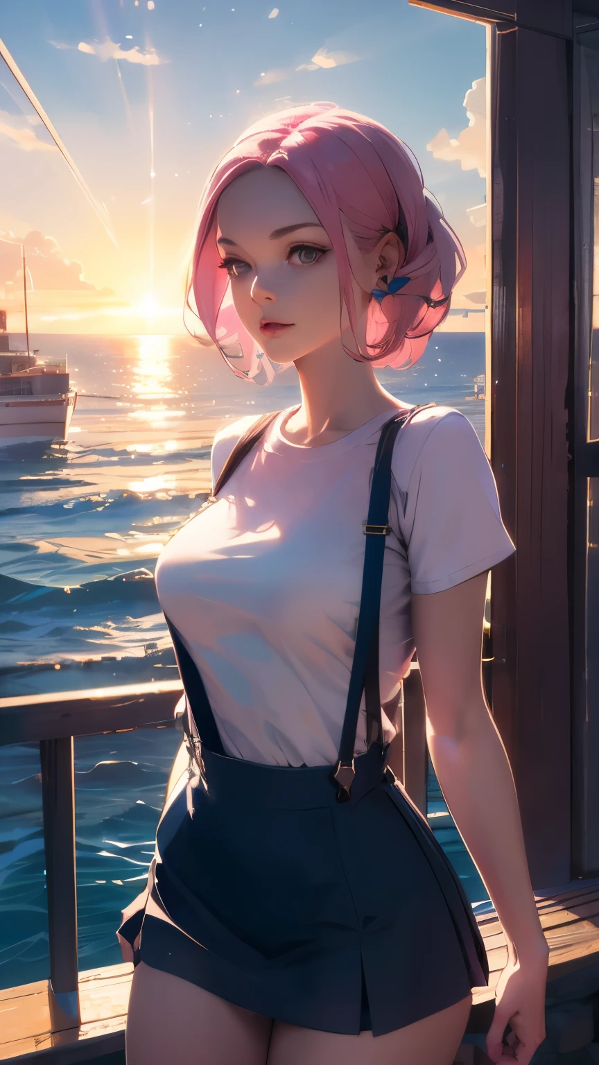 Una minifalda con tirantes, una camiseta ajustada, Cabello rosado, una hermosa mujer con ocho cabezas, un sol brillante de la mañana en el fondo del mar visto desde el puerto, Alta calidad de imagen, alta definición, Una obra maestra, composición artística, cara gentil.