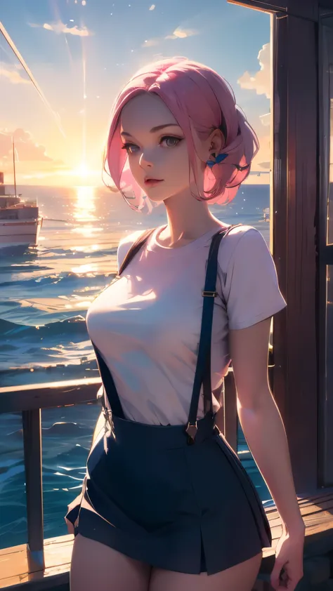 A miniskirt with suspenders, a tight-fitting T-shirt, pink hair, a beautiful woman with eight heads, a bright morning sun in the...