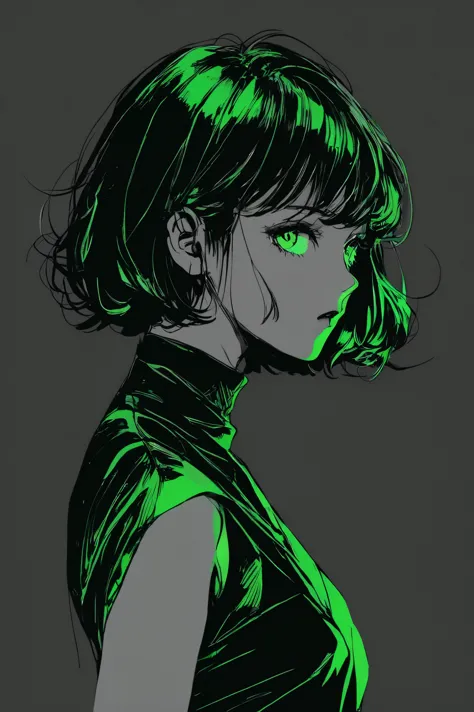 (highest quality, sketch:1.2), high resolution:0.75, illustrator,anime, 1 girl, detailed lips, green dress,custom, (dark monochr...