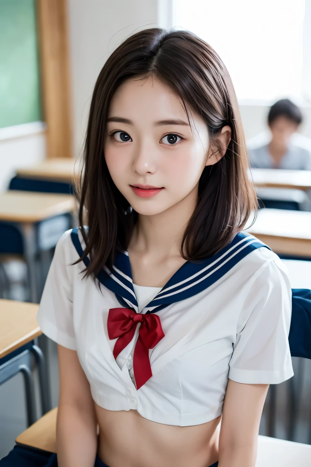 (((A cute 18 year old Japanese girl)))、(Small breasts)、short hair、(((Full chest:1.5)))、masterpiece、highest quality、8k、Official Art、生photograph、Extremely absurd、beautiful girl、Cute face、(sitting、Upper Body、Sailor suit、Serafuku、:1.2)、White shirt、looking at the camera、(Dark red bow tie: 1.2)、Close-up、Ten generations、classroom、Ultra-realistic、High Resolution、photograph、Film Grain、chromatic aberration、Sharp Focus、Face Light、Dynamic Lighting、Cinematic lighting、Navy Pleated Skirt、Most detailed、Very detailed、Ultra-detailed、Fine details、Very detailed目と顔、Belly button