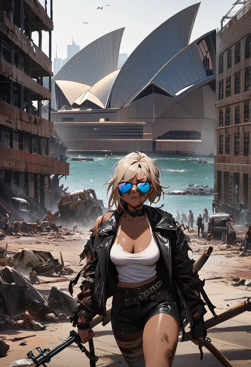 Sydney Harbour, 1girl, black woman, in the style of Mad Max, Sydney Opera House collapsed, girl has mirrored sunglasses, torn leather jacket, warpaint, apocalyptic city, city devastated by zombies