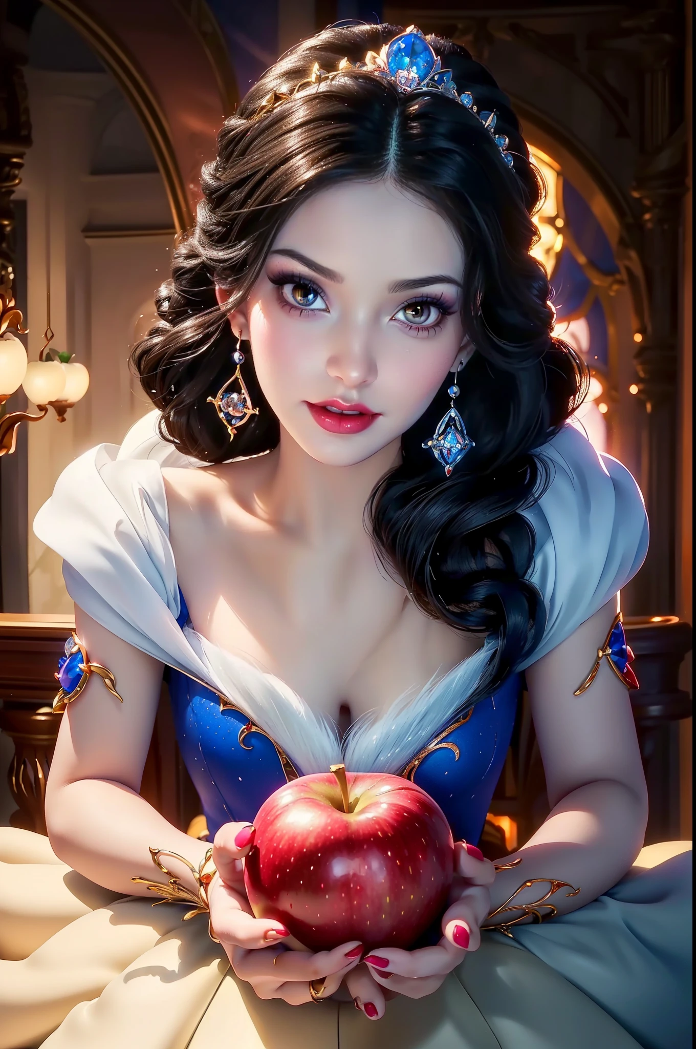 (generate princess snow white from disney holding an apple, beautifull face, pretty face, beautifull eyes, beautifull nose, raytracing, beautifull fingers, beautifull hands, (4 fingers in 1 hand), full body photoshoot, pretty makeup, perfect anatomy, good lighting, professional photoshoot, sharp eye, fresh lips