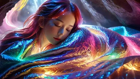 {{masterpiece}}, best quality, Extremely detailed CG unified 8k wallpaper, Movie Lighting,, A woman lies in a cave，The body is covered with a quilt,Sleep with eyes closed，The beauty behind， A quiet night. , multi color hair, (Colorful hair:1.5),