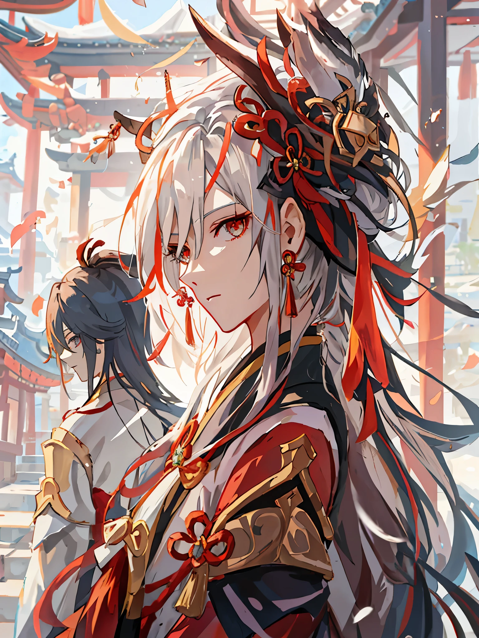 Anime girl aux cheveux longs et jupe rouge debout devant le bâtiment, keqing from impact genshin impact, zhongli from impact genshin impact, divinité aux cheveux blancs, onmyoji portrait, Populaire sur ArtStation Pixiv, art animé numérique détaillé, auteur：Yang Jie, impact genshin, beau garçon démon japonais, onmyoji, onmyoji detailed art