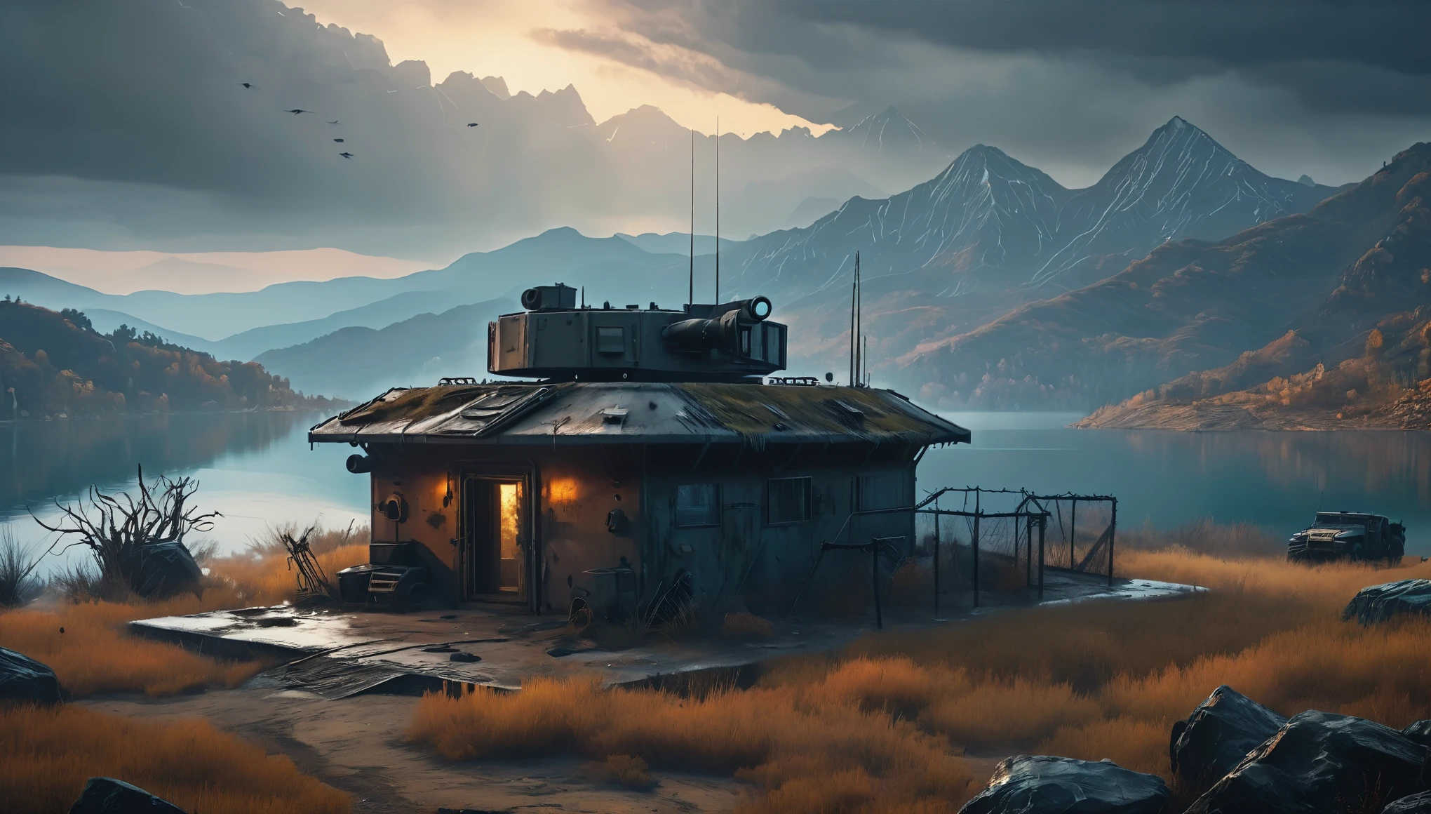 concept art, A small Armored bunker style Cabin in a post-apocalyptic, surrounded by barbwire, gun turrets on roof, mountain lake, dreary smoky atmosphere, Epic long shot, postapoAI, 8k, UHD, HDR, (Masterpiece:1. 5), (best quality:1. 5), volumetric lighting, epic composition, epic proportion, HD
