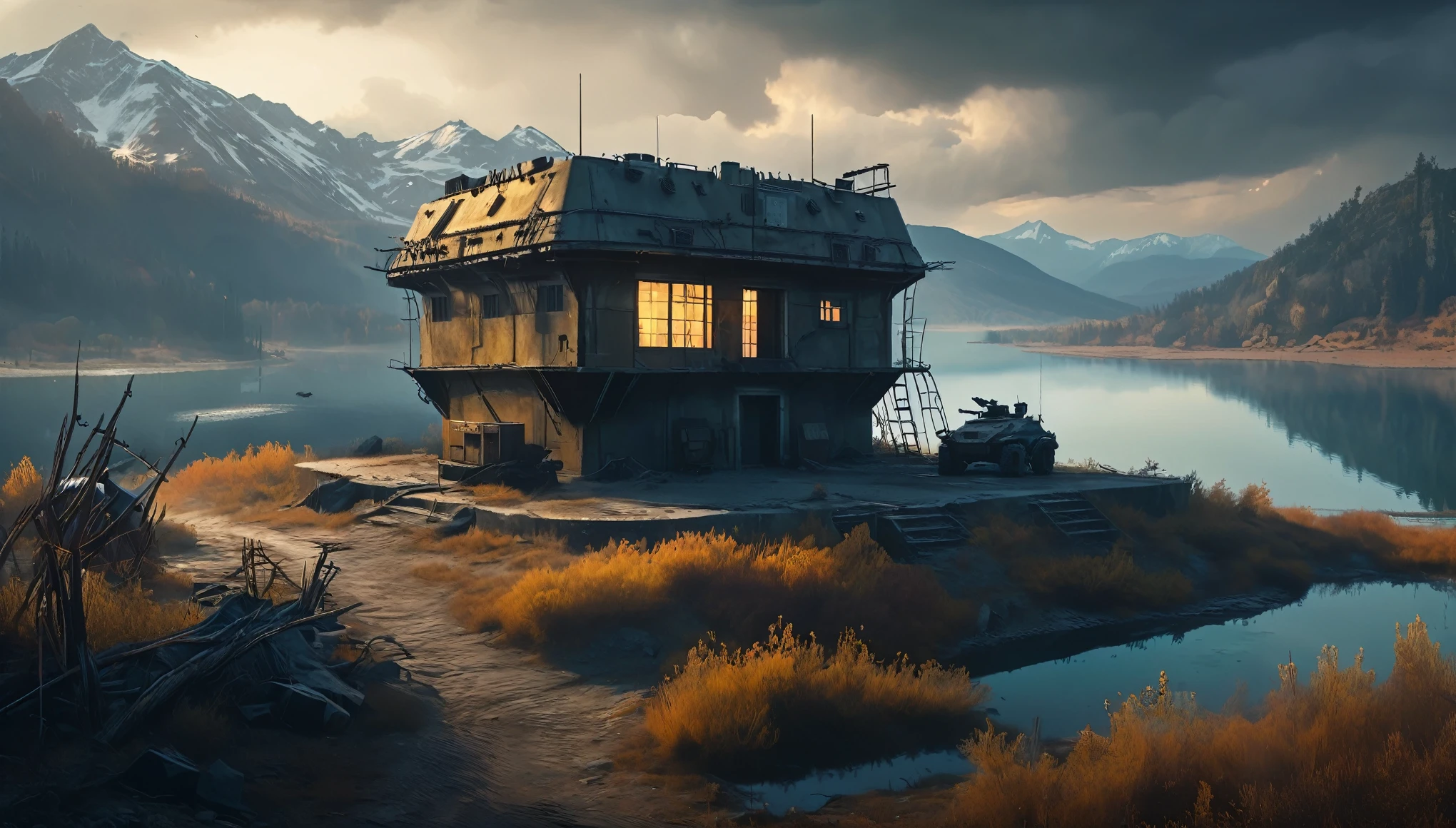 concept art, A small Armored bunker style Cabin in a post-apocalyptic, surrounded by barbwire, gun turrets on roof, mountain lake, dreary smoky atmosphere, Epic long shot, postapoAI, 8k, UHD, HDR, (Masterpiece:1. 5), (best quality:1. 5), volumetric lighting, epic composition, epic proportion, HD

