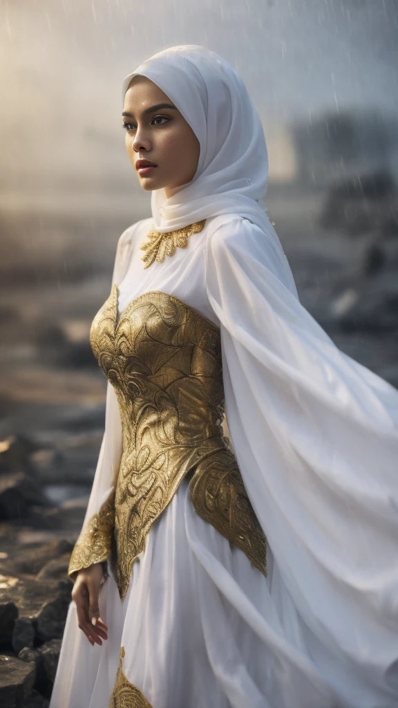 a malay woman in white hijab and a white long dress, realistic Art Station, hard raining scene, Detailed Fantasy Art, Stunning Character Art, beautiful Exquisite Character Art, Beautiful white Armor, Extremely Detailed, white armor Girl, Exquisite Intricate Headdress and gold Jewelry, whole body capture